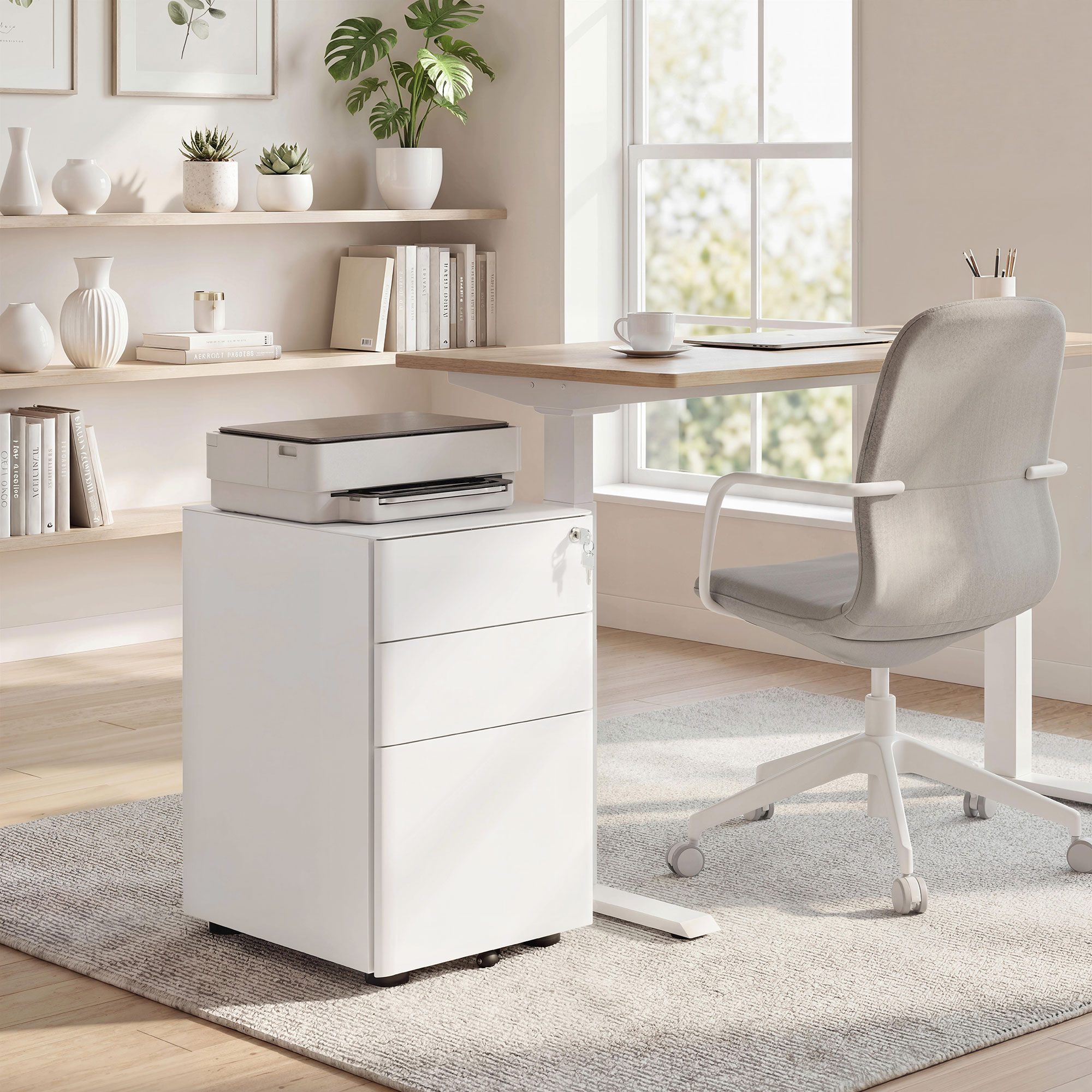 Altro Cassettiera Da Ufficio 3 Cassetti In Acciaio Con Serratura E Rotelle, 39x48x59cm, Bianco