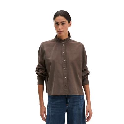 Langarmbluse MARC O'POLO "in samtiger Cord-Qualität", Damen, Gr. 42, braun (stone taupe), Obermaterial: 79% Baumwolle, 21% Lyocell, unifarben, regular fit bauchfrei, Manschette, Blusen