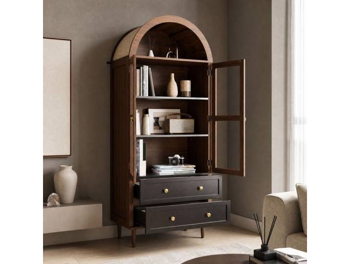 Buffet haut vitrine 70x38x168 cm bois couleur noyer portes vitrées étagères réglables 2 tiroirs TYNQER