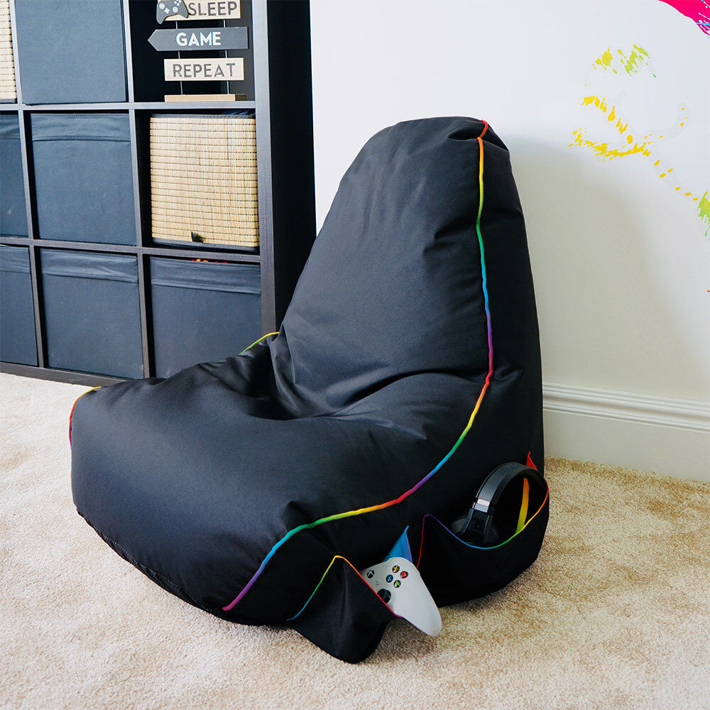 Isabelle & Max rucomfy Beanbags rugame Gamer Bean Bag Chair with Pockets - Water Resistant - Soft Indoor for Kids & Teens - 70cm x 80cm x 70cm Black Medium