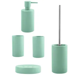 spirella Badezimmer Set, 5-teiliges Badzubehör aus Keramik Tube, Seifenspender, WC Bürste, Seifenschale und 2x Zahnputzbecher Grün matt