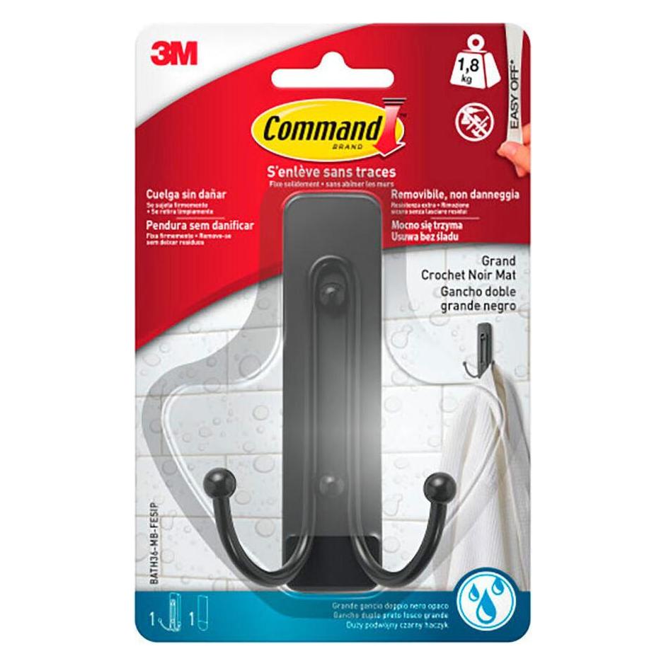 3M Command double hook, large, matte black, 1 unit + 2 strips, max 1.8 kg (60847627)