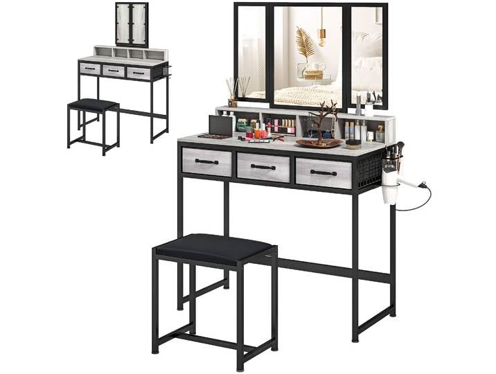 Homcom Coiffeuse avec Miroir Détachable à Trois Volets, Coiffeuse avec Tabouret, 3 Tiroirs en Tissu, Étagères, Support