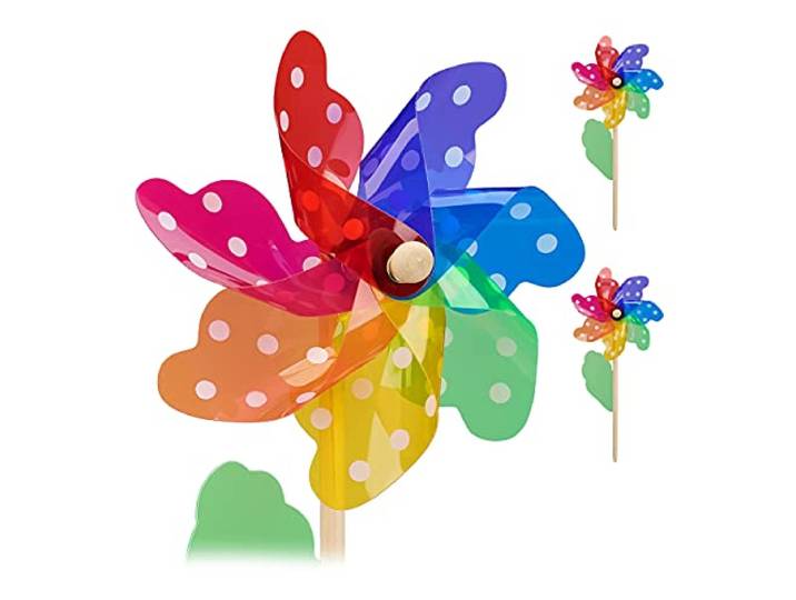 Relaxdays windmolen, set van 2, bloem met stipjes, regenboog, kinderen, tuinsteker, terras, balkon, hout/PP, kleurrijk