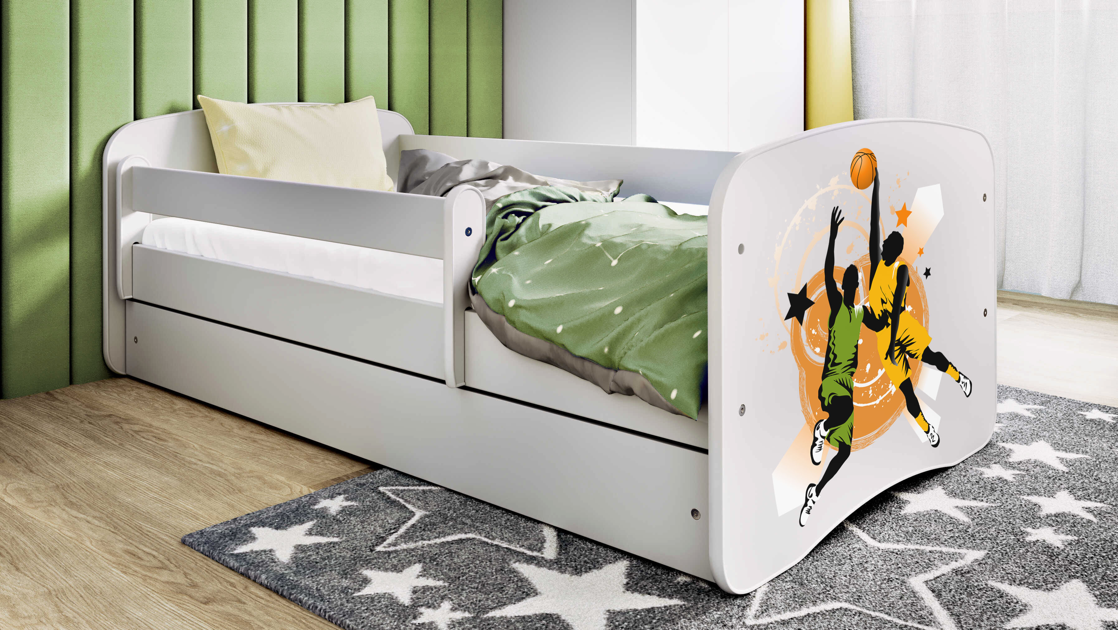 Kinderbett Jugendbett Basketball 70x140, 80x160, 80x180 cm - Komplettset mit Schublade & Rausfallschutz