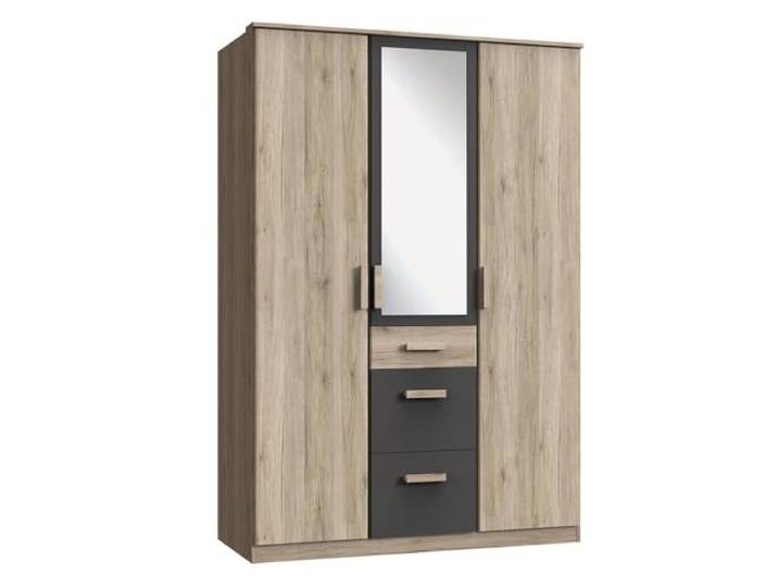 Lomadox Kinderzimmer Jugendzimmer Schrank Kleiderschrank mit Spiegel, 3-türig mit 3 Schubkästen in Eiche mit Graphit