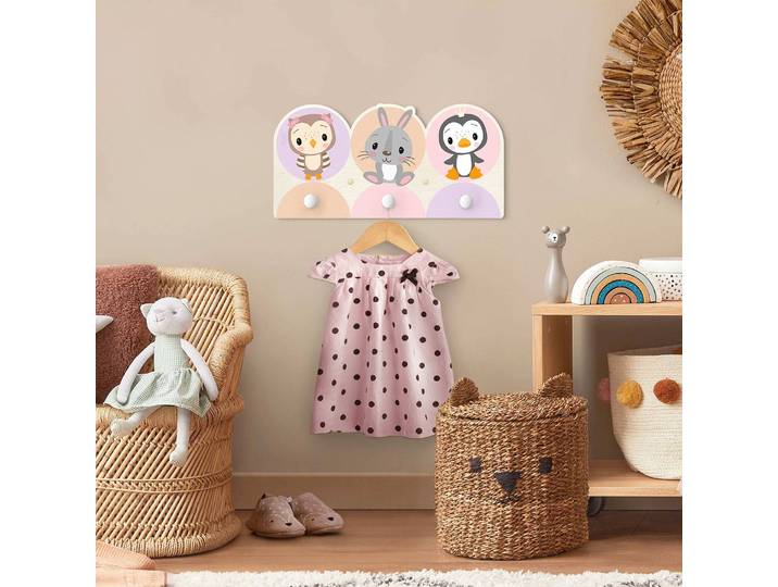 Kindergarderobe Eule Hase Pinguin 40 x 20 x 1cm Pink