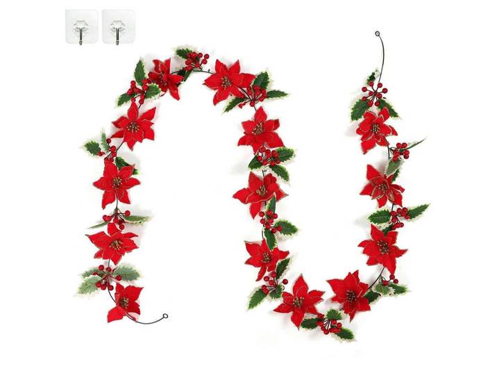 Weihnachts-Girlande 250 cm mit roten Blumen und Beeren, Rot, Kunststoff, 250 cm, Dekoration, Weihnachtsdekoration, Winterdeko
