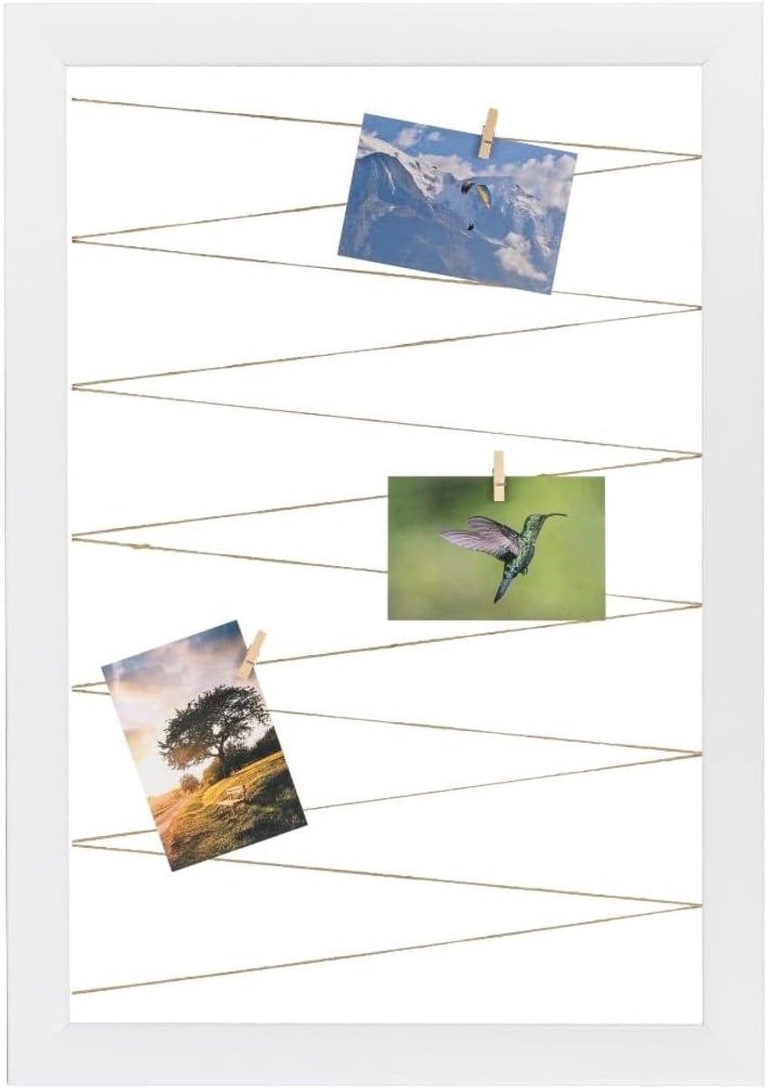 Fotohouder Collage Mat Wit met Houten Clips en Jute - Muur Decoratie - 50 x 70 cm