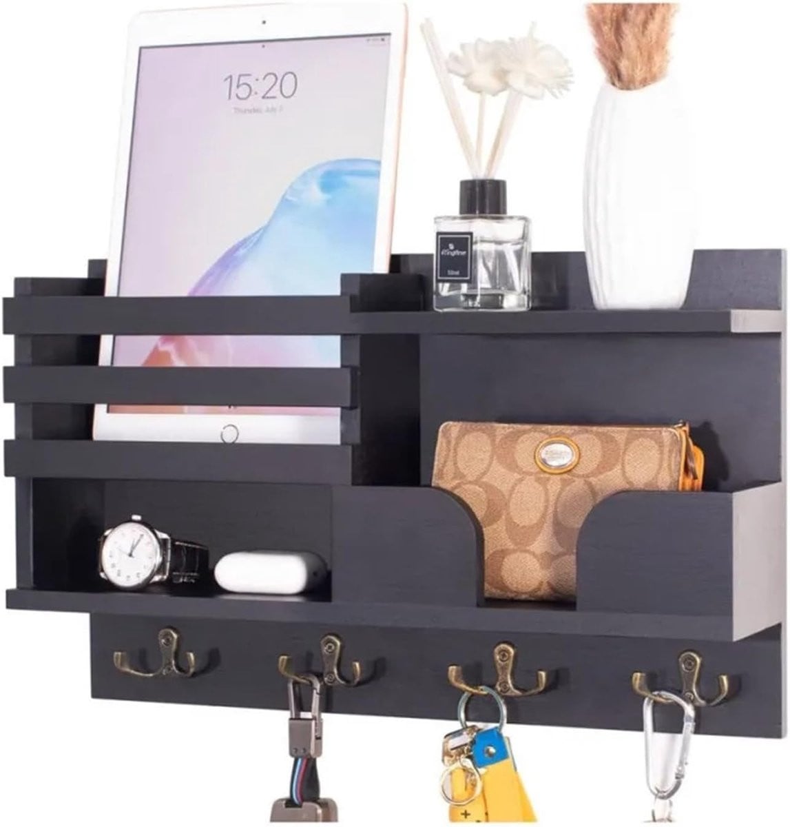 Zwarte houten wandkapstok met plank en 4 dubbele haken