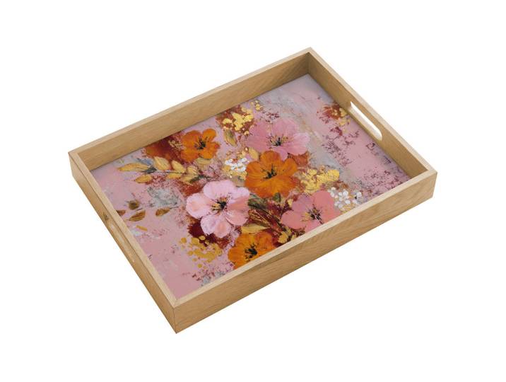 OnlyWow Tablett - Malerei - Blumen - Rustikal - Rosa - 40x30 cm, Holz, Echtholz,Eiche, Rechteckig, 40x5x5 cm, Geschirr, Tischkultur & Serviergeschirr, Tabletts