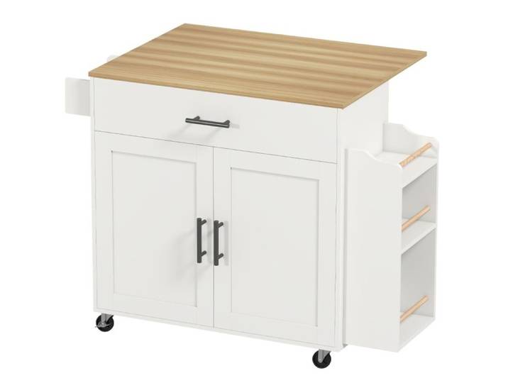 ROVRYN Îlot central de cuisine sur roulettes 120 x 68 x 85 cm plateau rabattable 1 tiroir 2 portes blanc