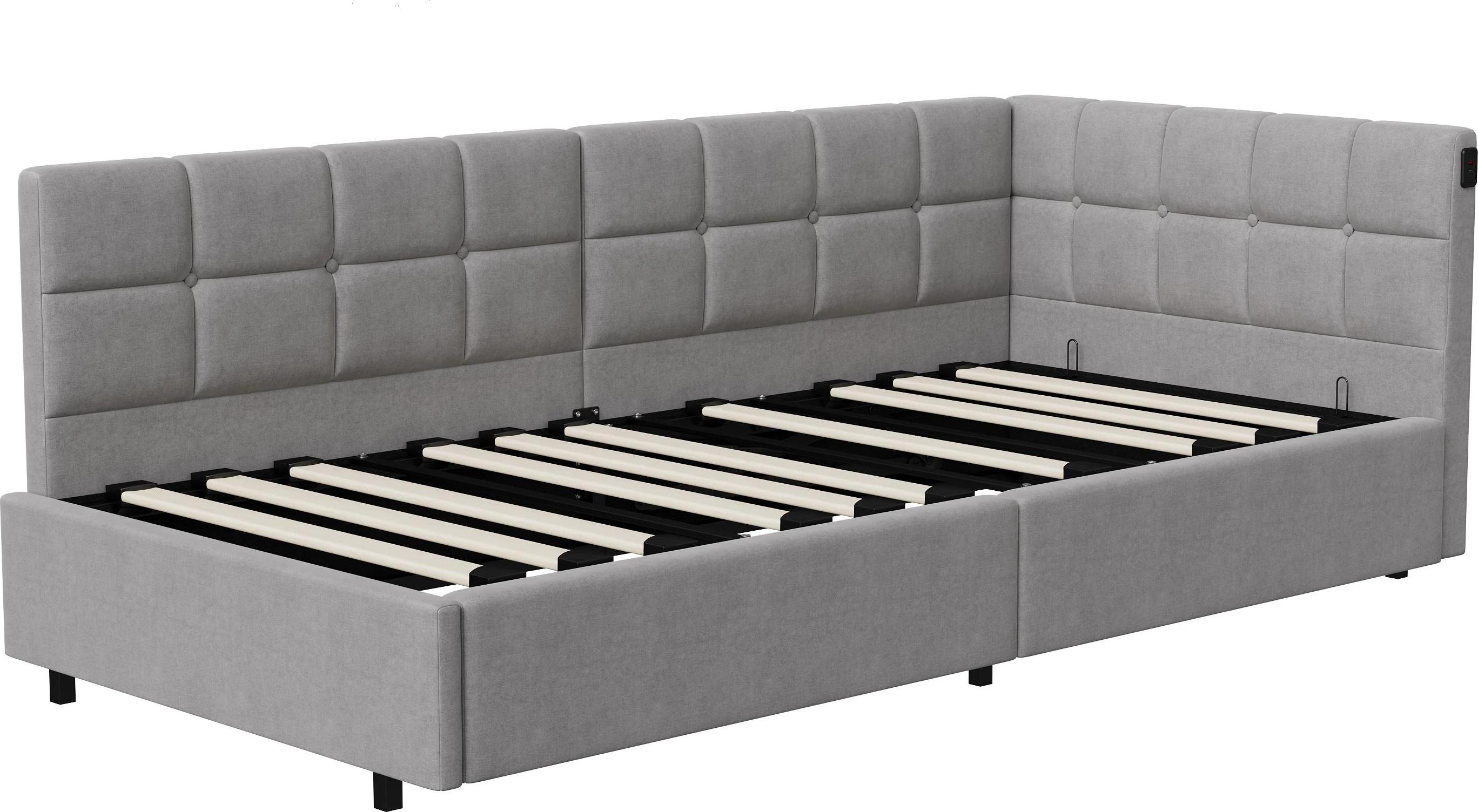 Schlafsofa - L-Form Tagesbett 90x200 cm - Hydraulischer Bettkasten-Lift - USB-Ladeanschluss - Samtbezug - Metallrahmen - Grau