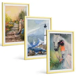 BILDER SET 3er Set - 40x60 cm Goldrahmen - Landschaft Leuchtturm Pferd Mädchen
