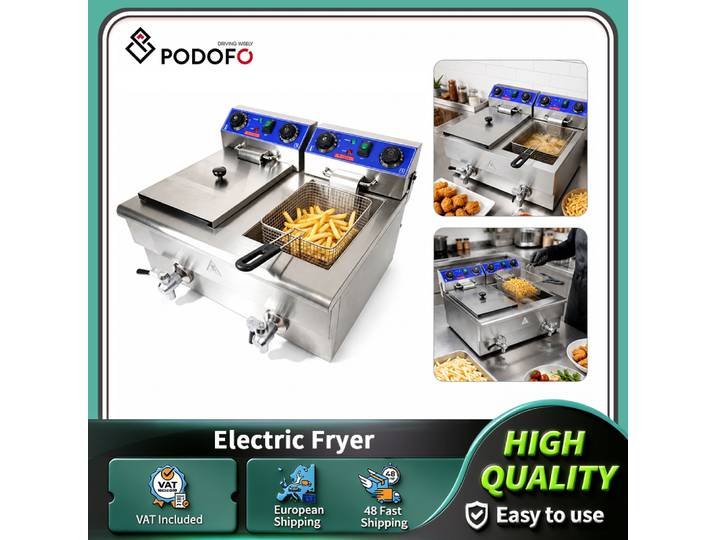 Friteuse électrique commerciale Podofo 12L 3000W à double cuve en acier inoxydable pour poulet, frites et chips