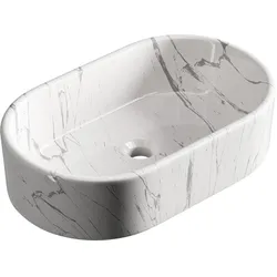 Planetmöbel Aufsatzwaschbecken 55 cm Marmor Weiß Keramik oval mit individueller Marmorierung