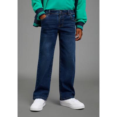 Straight-Jeans SCOUT "Gerade Schlupf-Stretchjeans - NEU von SCOUT", Jungen, Gr. 152, N-Gr, blau (schwarz denim u), Denim/Jeans, Obermaterial: 60% Baumwolle, 26% Polyester, 12% Viskose, 2% Elasthan, Abriebeffekte, straight fit lang, Jeans...