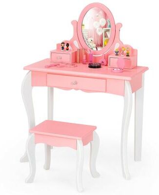 Costway Kids Vanity Princess Makeup Dressing Table Stool Set with Mirror and Drawer-Pink