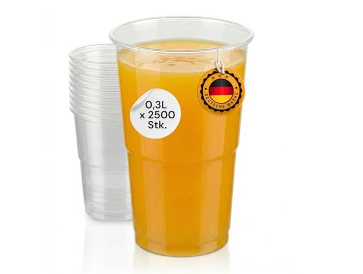 LogiPack GeRo 2500 Stück Trinkbecher Eichstrich 0,3l Bierbecher Plastikbecher Einwegbecher aus Kunststoff PP (Polypropylen), Transparent klar Ausschankbecher