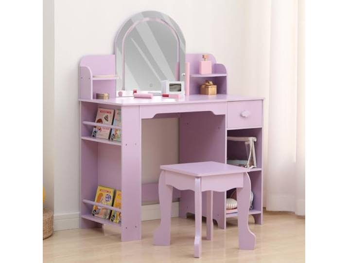 Acekool Kinder-Schminktisch-Set mit Stuhl & LED-Spiegel (Touch, 3 Lichtmodi, dimmbar) – Schublade + 2 offene Regalfächer – Holz Schminktisch fürs Schlafzimmer/Spielzimmer – Farbe: Flieder