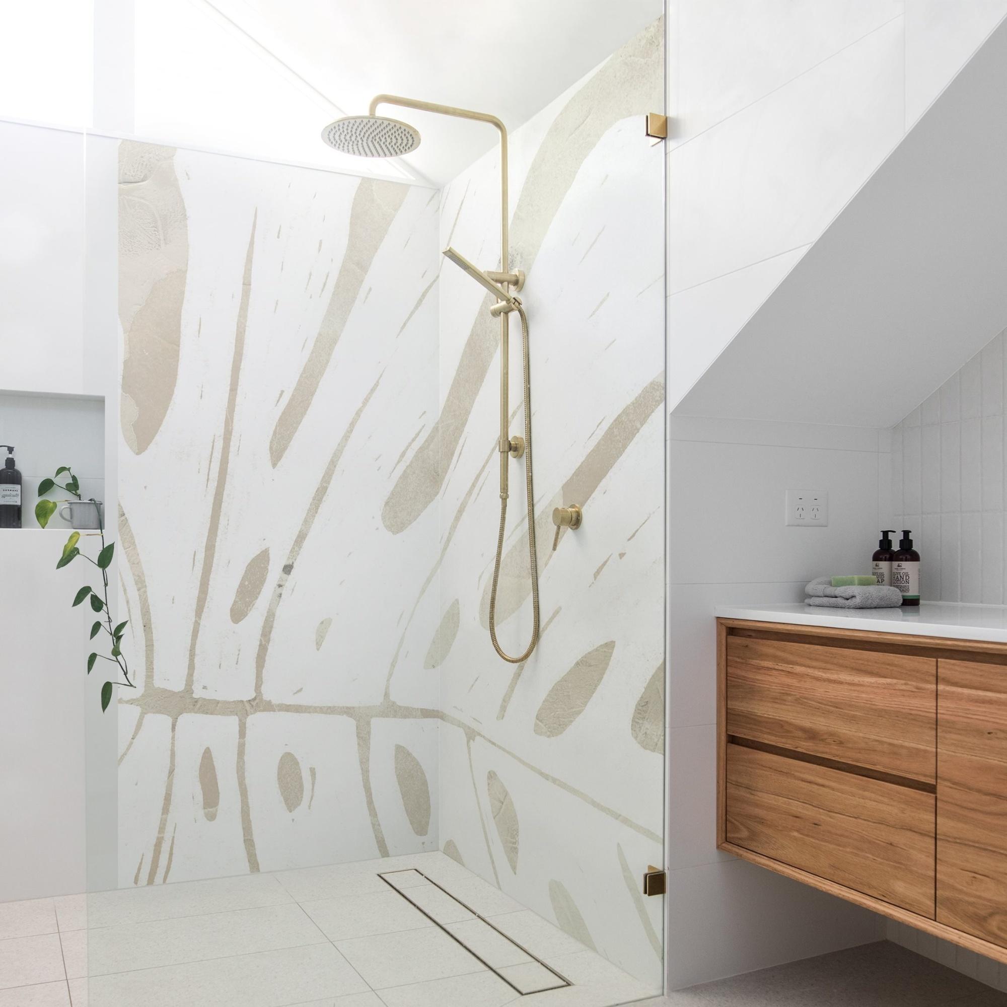 Duschrückwand originell selbstklebend - 0.61 mm Wandpaneel wasserfest Pflanzen beige Tropisch Badrückwand fugenlos Premium matt 90x200 cm