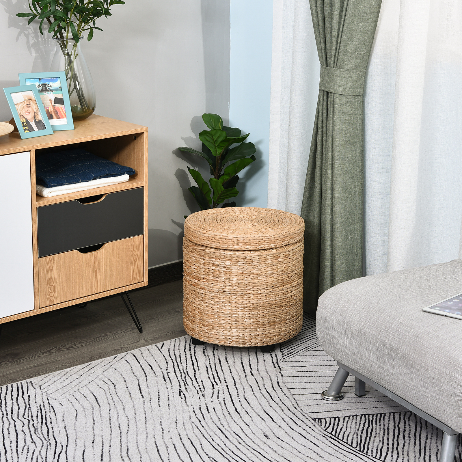 Homcom Pouf Contenitore Tondo con Rivestimento Rattan Lepironia, Sgabello Poggiapiedi Tavolino da Salotto con Coperchio, Ф43x43cm, Kaki