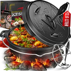 KESSER® Dutch Oven Set BBQ Feuertopf Schmortopf, Gusseisen Topf mit Deckelheber Henkel und Schlitz für Themormeter, kochkessel Grilltopf Gulaschkessel für Oudoor & Indoor