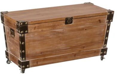 Vintiquewise Wooden Storage Trunk Bench with Wheels and Black Metal Accents Blanket & Linen Chest Decorative Organizer Entryway
