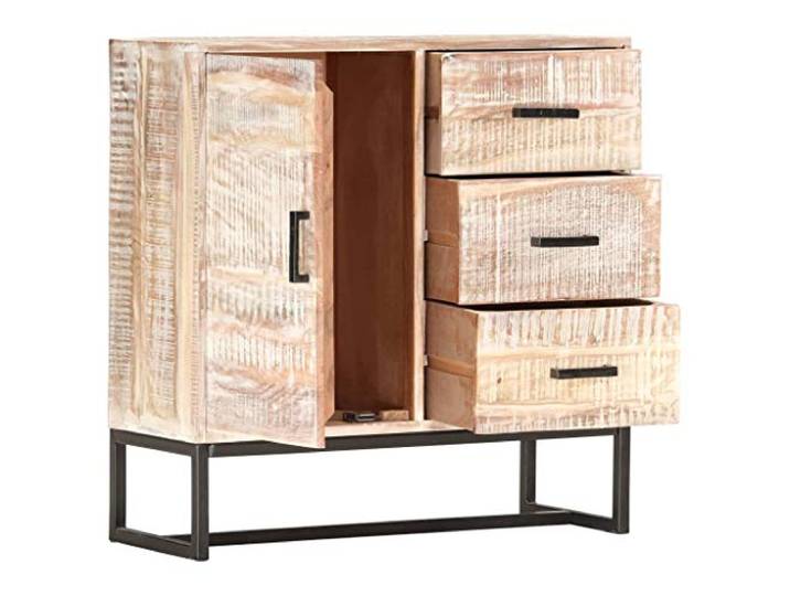 PUGYNBK Sideboard aus massivem Akazienholz, weiß, 73 x 30 x 75 cm 3 Schubladen, 1 Tür, Messinggriffe, Retro-Stil, pulverbeschichteter Stahl