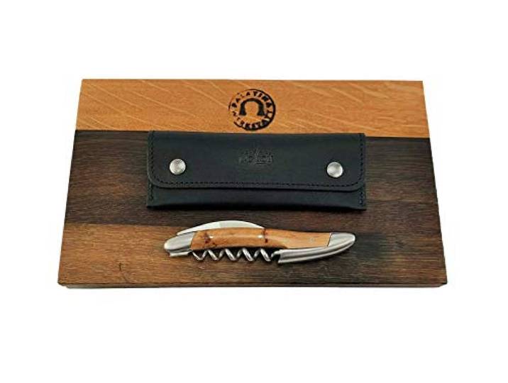Forge de Laguiole Kellnermesser Sommelierbesteck - Griff Wacholder - Edelstahl matt inox+schwarzes Lederetui+Schneidebrett aus Fassholz (Eiche) 25x15 cm