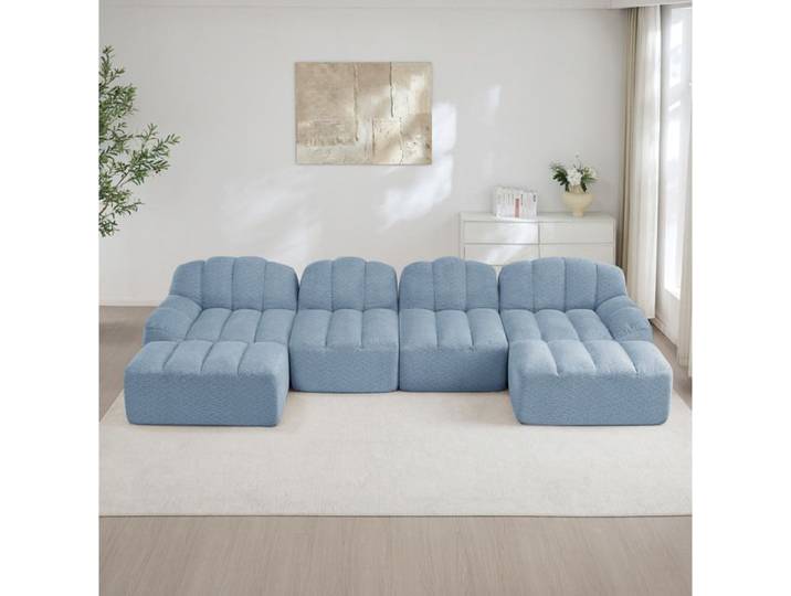 Canapé modulaire en U bleu avec ottomans sans cadre en fleece granulé