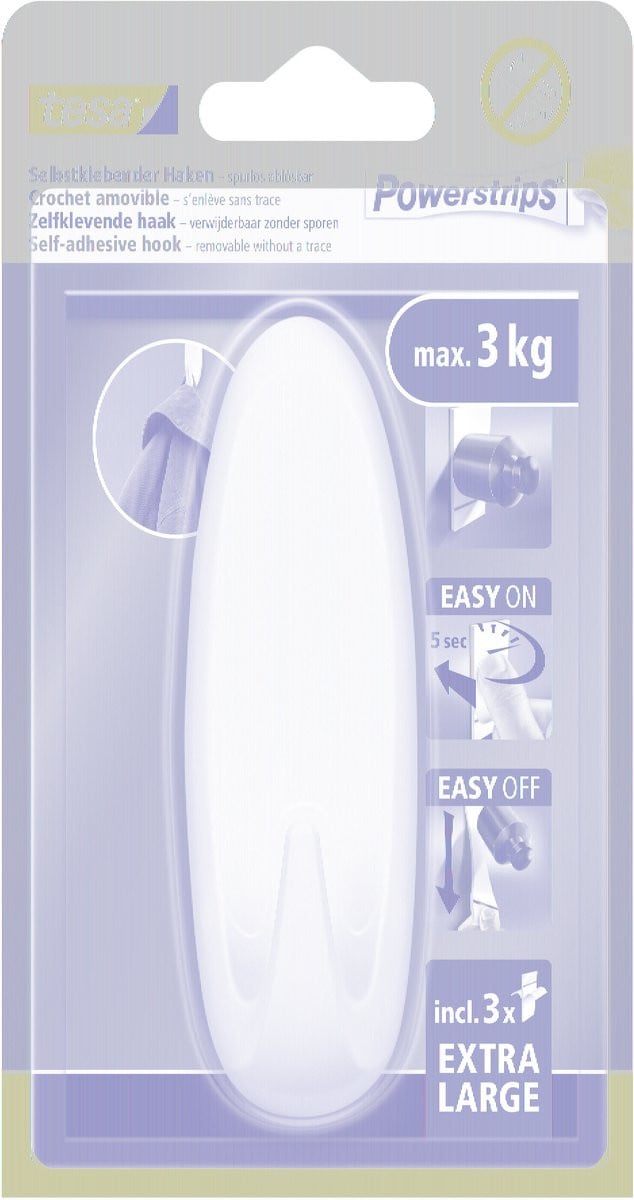 tesa Powerstrips haak XL ovaal wit - herbruikbare wandhaak zonder boren - 1 haak + 3 Powerstrips