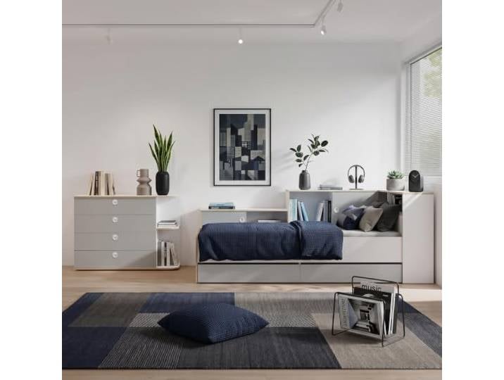 Lomadox Jugendzimmer Bett 90x200 cm Liegefläche in Grau mit Weiß, inkl. Kommode, 2-teilig
