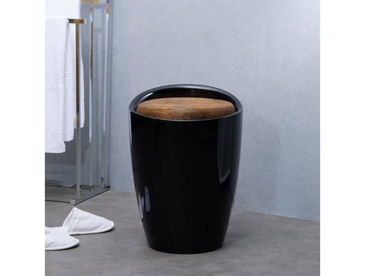 Tabouret DANIEL pouf rond avec rangement et assise rembourrée structure en plastique noir et revêtement en tissu brun vintage