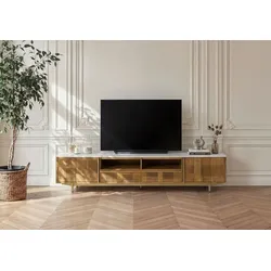 TV-Board Mango 220x40x50 hellbraun geölt / Marmor weiß MIAMI #106