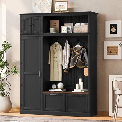 AISWORD 3-in-1 Hall Tree with Overhead Storage Cabinet,3 Adjustable Shelves,4 Heavy-Duty Hooks,2 Drawers,Contrasting Seat Bench