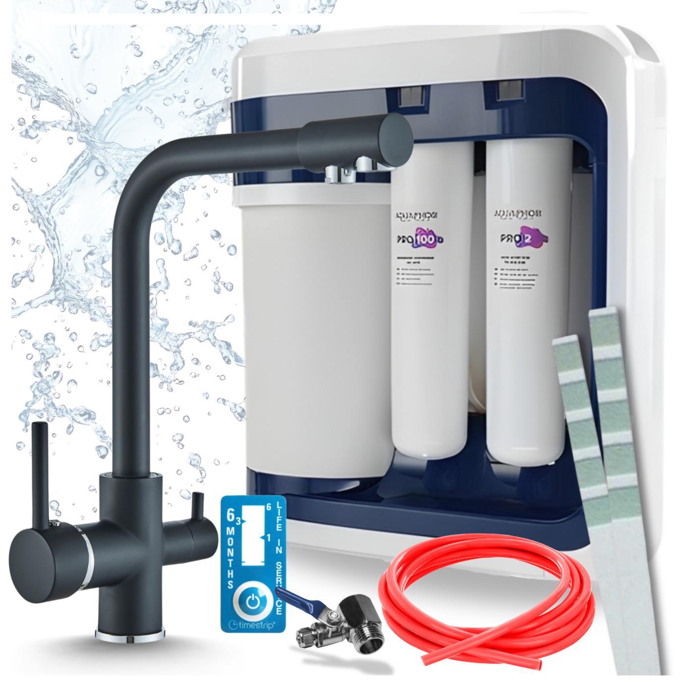 Ari 3-Wege-Küchenarmatur Venom, Chrom, Spültischarmatur Im Set Mit Aquaphor Ro-202S Pro Wasserfiltersystem, Untertischanlage