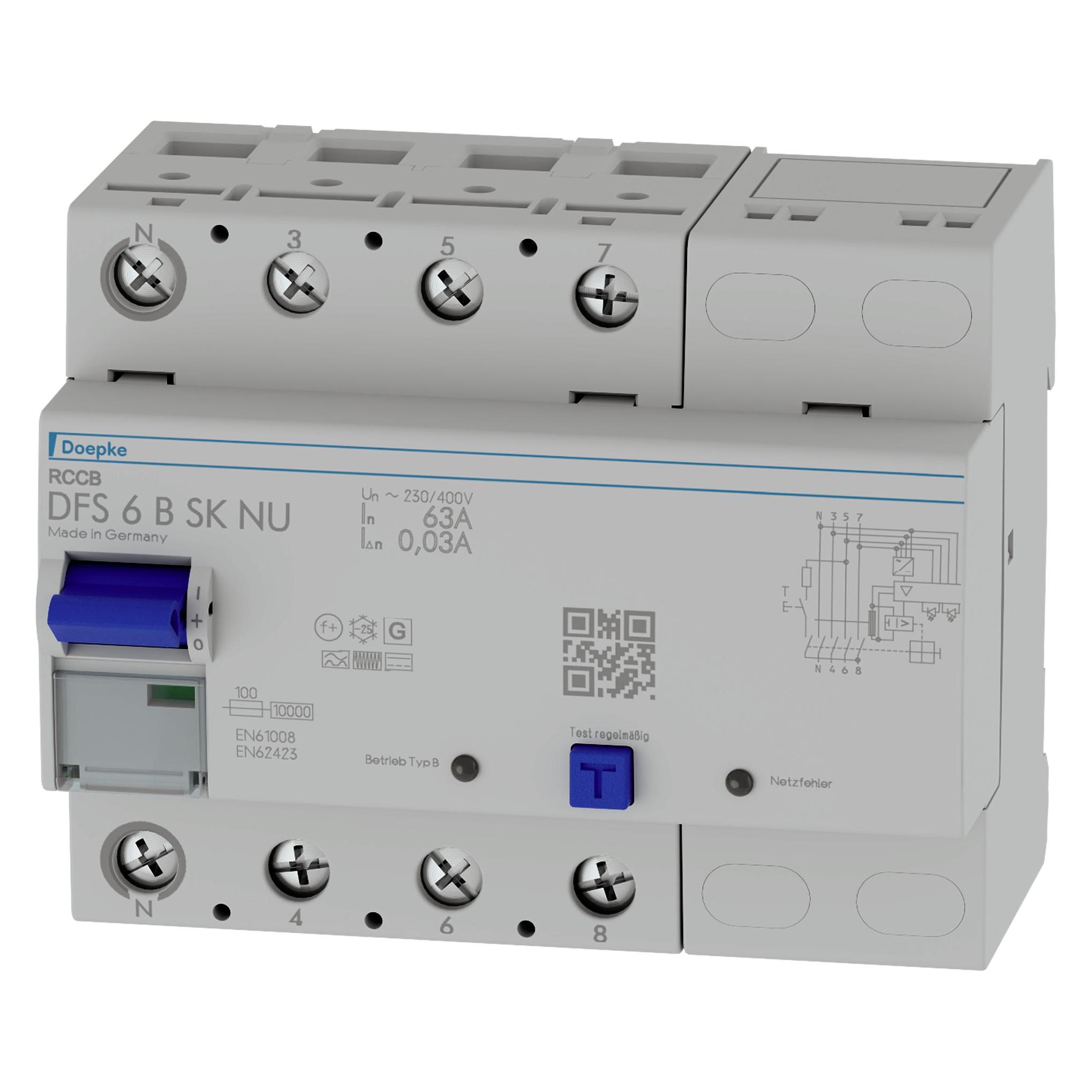 Doepke FI-Schutz mit Zusatz 4p 400V 63A 0,03A B ÜberwEinh REG 6TE 3kA IP20 (DFS6063-4/0,03-BSKNU)