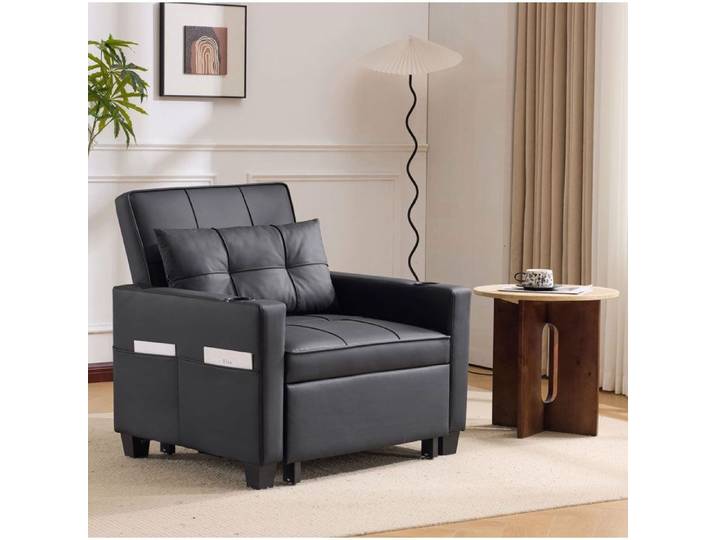 ULEVR Canapé convertible 1 place 3-en-1 en PU noir fauteuil et chaise longue réglables avec porte-gobelets et port USB