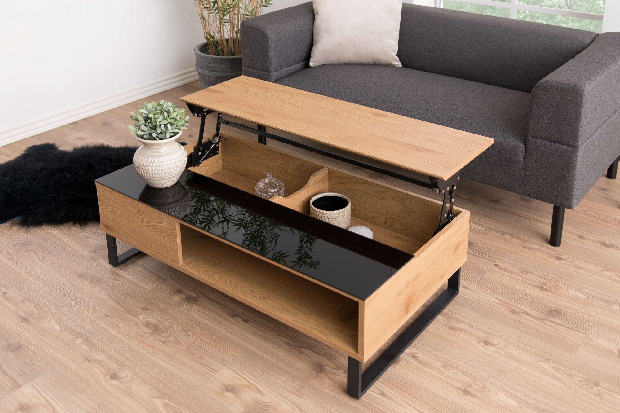 Couchtisch ACTONA GROUP "Azalea", beige (schwarz und matt wildeiche, schwarz, schwarz und matt wildeiche), B:110cm H:35cm T:60cm, Tische, Couchtisch, Sofatisch, Kaffeetisch, Glas, Kufengestell, Höhenverstellbar, Stauraum schwarz und matt wildeiche, schwar