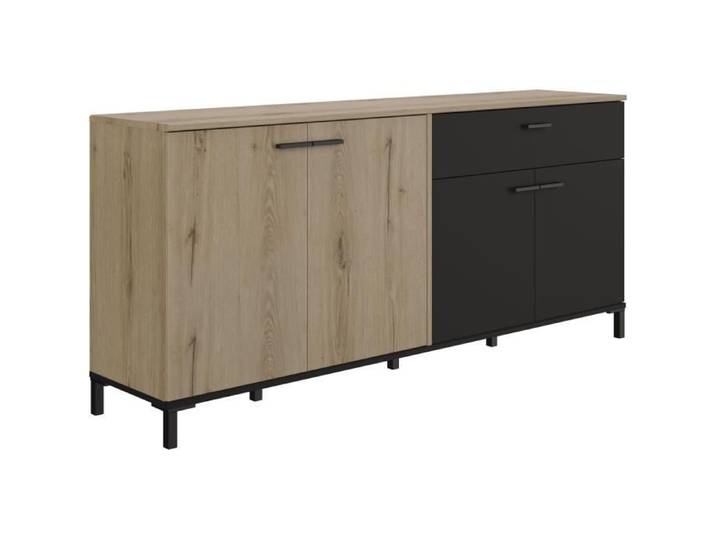 Buffet L180 x P40 x H81 cm - TRUST - Chêne / Noir - 4 portes - 1 tiroir - GAMI