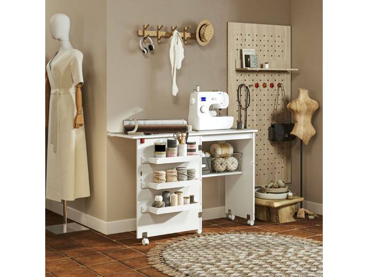 Table de couture pliante meuble couture à abattant avec bacs de rangement étagère ouverte et roulettes blanc