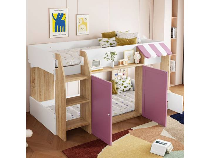 MEUBLIV Lit mezzanine enfant 90x200 cm avec rangements et portes bois rose + blanc
