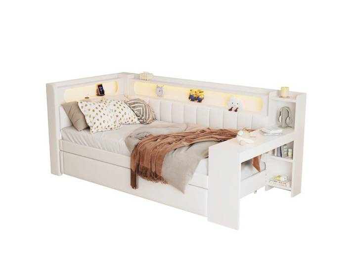 Lit daybed capitonné – blanc – 90 x 200 cm – LED USB lit gigogne bureau intégré
