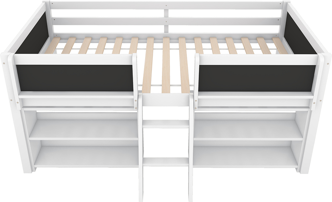 Halbhohes Bett mit Einlegeböden Leiter Geländer Jugendbett Kinderbett Kiefernholz Minimalistischer Stil 90*200cm Weiß