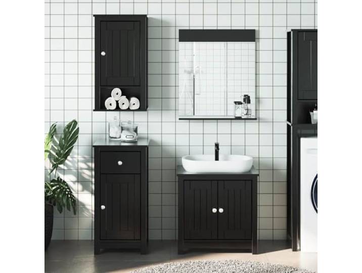 HWKQEQRF 4-TLG. Badmöbel-Set Berg Schwarz Massivholz Kiefer Wandschrank,Standschrank,Badspiegel,geräumiger Stauraum,platzsparendes Design,UV-Lackierung