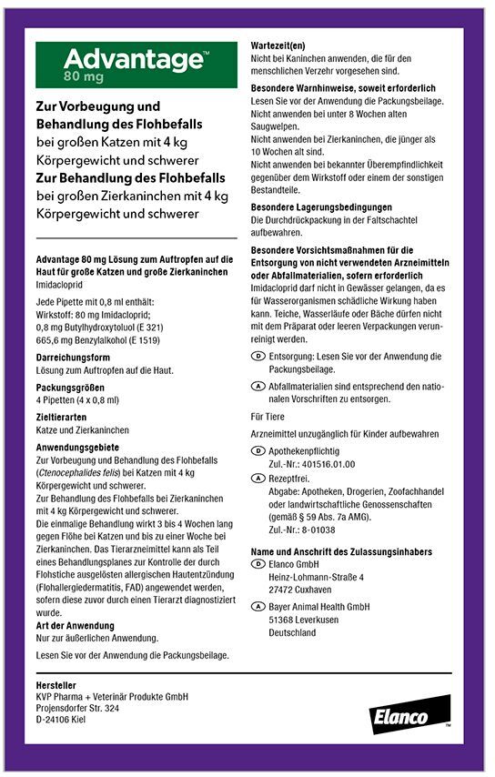 Advantage 80 mg f.gr.Katzen u.gr.Zierkaninchen 4x0,8 ml Lösung