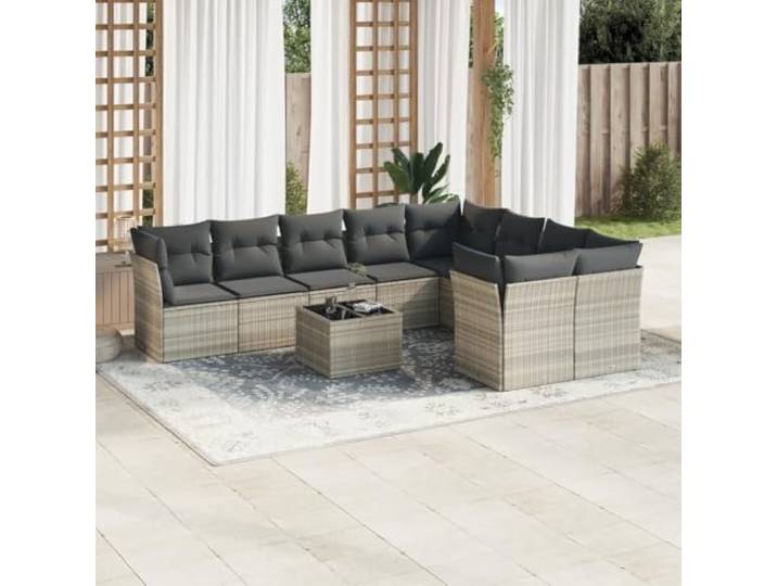 ZQQLVOO 10-TLG. Poly Rattan Sofagarnitur Hellgrau mit Kissen Modulares Design, abnehmbare waschbare Bezüge, Tischplatte aus Hartglas, wetterbeständig