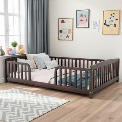 Pine Wood Floor Bed with Central Opening, Kids Platform Bed with Safety Fence Guardrails, Low Profile Montessori Bed Frame