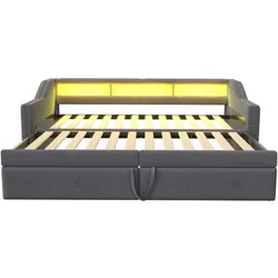 MODFU Schlafsofa Leinen Dunkelgrau 90/180x200 cm, ausziehbar, mit USB, LED, 3 Ablagefächern und 2 Federkernmatratzen